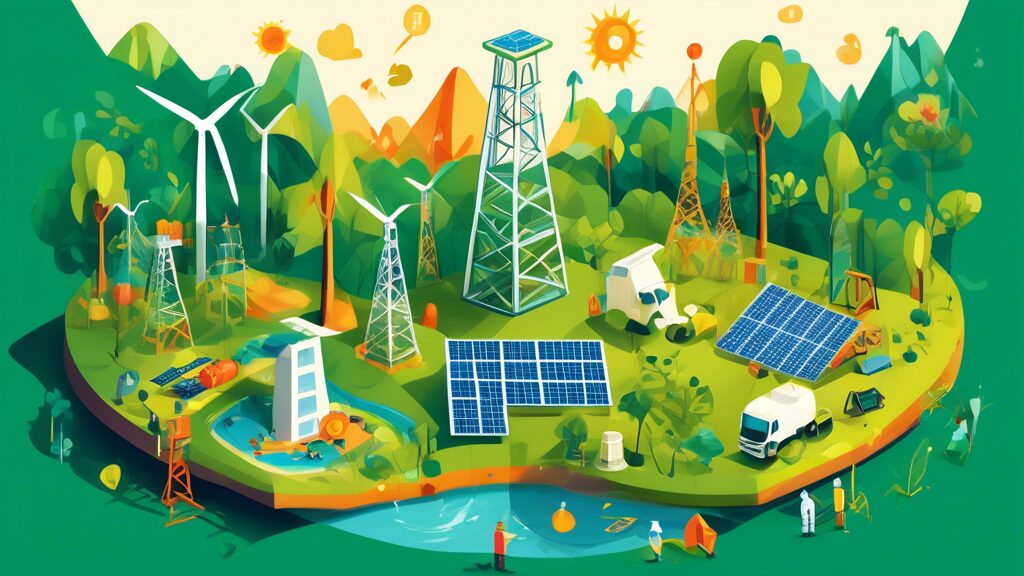 Illustration of an oil rig surrounded by lush green landscapes, with symbols of renewable energy sources like wind turbines and solar panels integrated into the scene. People in safety gear working harmoniously and responsibly, with icons representing the Sustainable Development Goals (SDGs) floating around, such as clean energy, climate action, and sustainable communities.