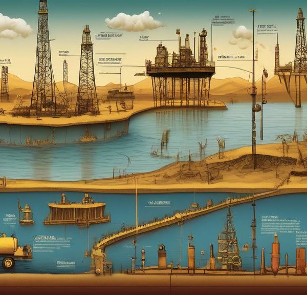 An intricate timeline illustration depicting the evolution of oil from ancient methods of extraction to modern-day drilling technology. The image should include early practices like shallow pits and the usage of oil in ancient lamps, the industrial boom with traditional oil derricks, and contemporary offshore drilling platforms. The background should blend historical settings transitioning into modern landscapes, with a focus on technological advancements and diverse applications of oil throughout history.