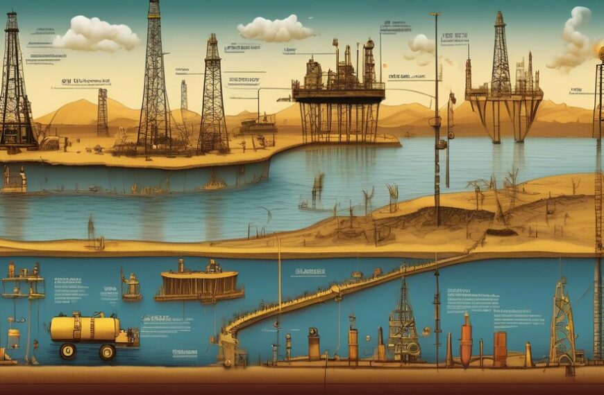 An intricate timeline illustration depicting the evolution of oil from ancient methods of extraction to modern-day drilling technology. The image should include early practices like shallow pits and the usage of oil in ancient lamps, the industrial boom with traditional oil derricks, and contemporary offshore drilling platforms. The background should blend historical settings transitioning into modern landscapes, with a focus on technological advancements and diverse applications of oil throughout history.