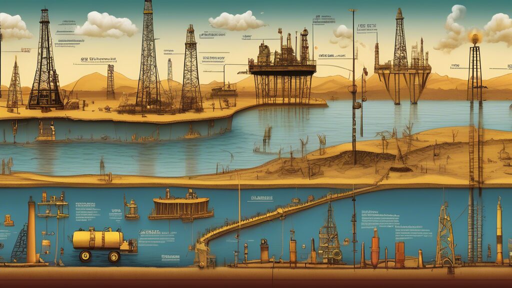 An intricate timeline illustration depicting the evolution of oil from ancient methods of extraction to modern-day drilling technology. The image should include early practices like shallow pits and the usage of oil in ancient lamps, the industrial boom with traditional oil derricks, and contemporary offshore drilling platforms. The background should blend historical settings transitioning into modern landscapes, with a focus on technological advancements and diverse applications of oil throughout history.