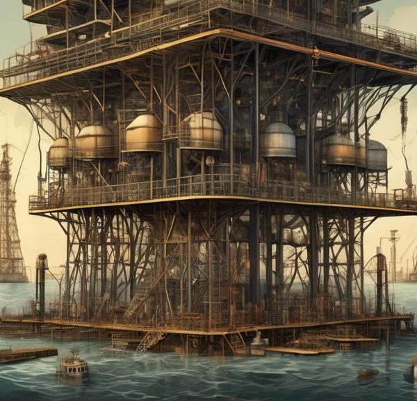 Create a detailed illustration showing the evolution and development of the petroleum industry. Start with an early 19th-century oil well, complete with workers using manual drilling tools. Transition to mid-20th century oil rigs with machinery and pipelines. Finally, depict a modern offshore oil platform with advanced equipment, robotic technology, and clean energy solutions being integrated. Include elements like oil barrels, transport ships, and natural landscapes altered by the industry, to showcase the entire journey.