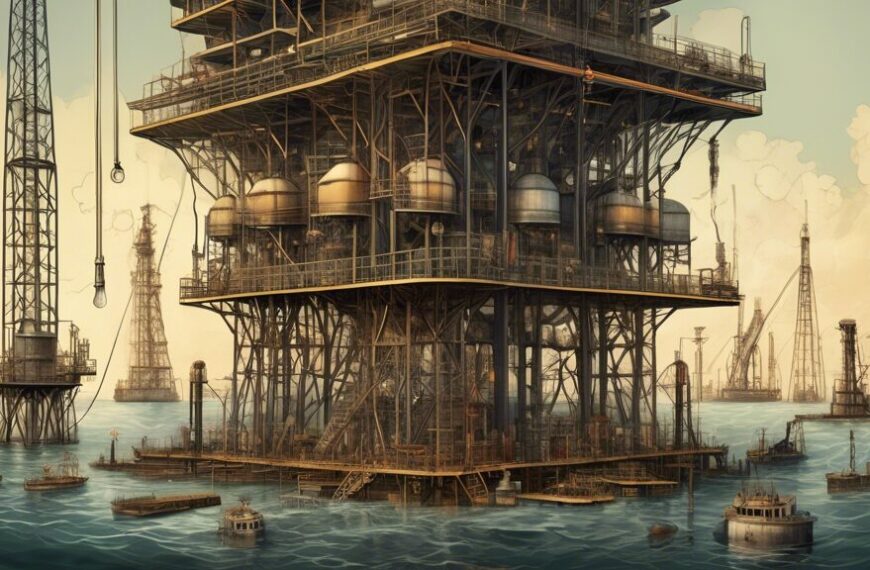 Create a detailed illustration showing the evolution and development of the petroleum industry. Start with an early 19th-century oil well, complete with workers using manual drilling tools. Transition to mid-20th century oil rigs with machinery and pipelines. Finally, depict a modern offshore oil platform with advanced equipment, robotic technology, and clean energy solutions being integrated. Include elements like oil barrels, transport ships, and natural landscapes altered by the industry, to showcase the entire journey.