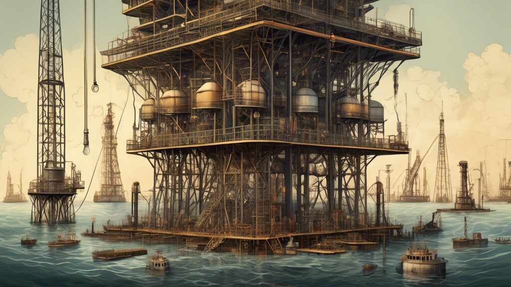 Create a detailed illustration showing the evolution and development of the petroleum industry. Start with an early 19th-century oil well, complete with workers using manual drilling tools. Transition to mid-20th century oil rigs with machinery and pipelines. Finally, depict a modern offshore oil platform with advanced equipment, robotic technology, and clean energy solutions being integrated. Include elements like oil barrels, transport ships, and natural landscapes altered by the industry, to showcase the entire journey.