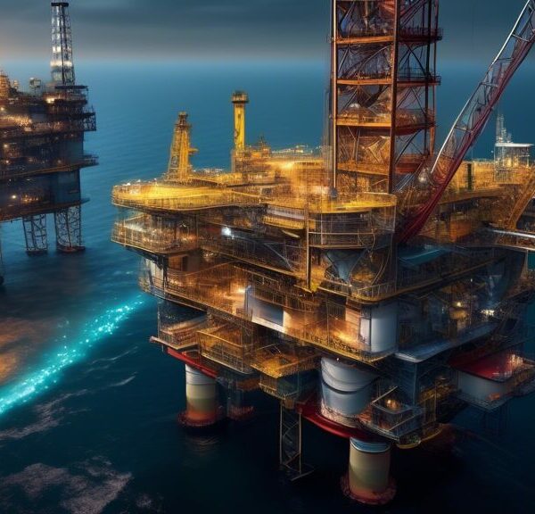 Create a highly detailed image showcasing the integration of futuristic IT technologies in the oil industry. Show advanced drilling platforms equipped with cutting-edge AI systems and drones, real-tim