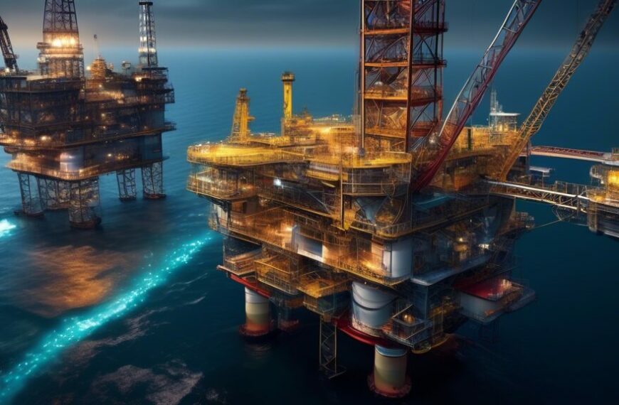 Create a highly detailed image showcasing the integration of futuristic IT technologies in the oil industry. Show advanced drilling platforms equipped with cutting-edge AI systems and drones, real-tim