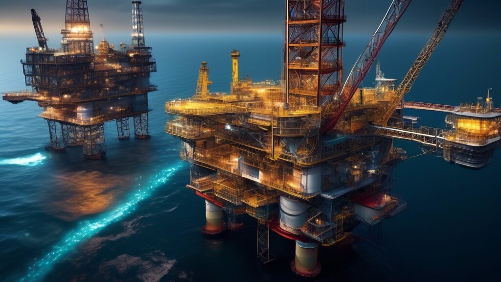 Create a highly detailed image showcasing the integration of futuristic IT technologies in the oil industry. Show advanced drilling platforms equipped with cutting-edge AI systems and drones, real-tim