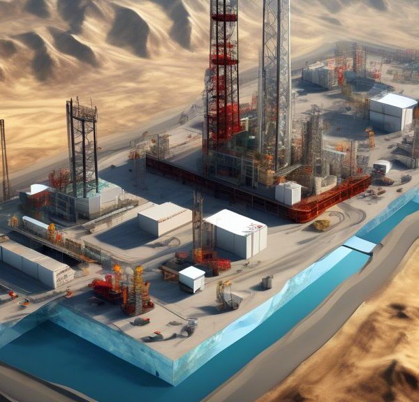 Create an image showcasing a modern oil and gas exploration site using advanced cube development technology. The scene should include a cluster of drilling rigs, cutting-edge data analysis centers with large digital screens displaying 3D geological models, and engineers collaborating on innovative methods. Integrate vibrant, semi-transparent cubes rising from the ground, representing different geological layers being analyzed. The background should feature a detailed landscape with both natural elements and technological infrastructure, symbolizing the fusion of nature and innovation.