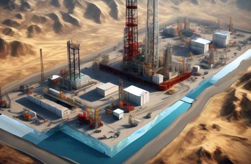 Create an image showcasing a modern oil and gas exploration site using advanced cube development technology. The scene should include a cluster of drilling rigs, cutting-edge data analysis centers with large digital screens displaying 3D geological models, and engineers collaborating on innovative methods. Integrate vibrant, semi-transparent cubes rising from the ground, representing different geological layers being analyzed. The background should feature a detailed landscape with both natural elements and technological infrastructure, symbolizing the fusion of nature and innovation.