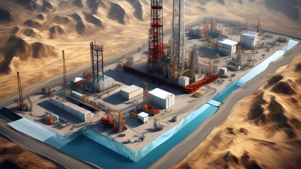 Create an image showcasing a modern oil and gas exploration site using advanced cube development technology. The scene should include a cluster of drilling rigs, cutting-edge data analysis centers with large digital screens displaying 3D geological models, and engineers collaborating on innovative methods. Integrate vibrant, semi-transparent cubes rising from the ground, representing different geological layers being analyzed. The background should feature a detailed landscape with both natural elements and technological infrastructure, symbolizing the fusion of nature and innovation.