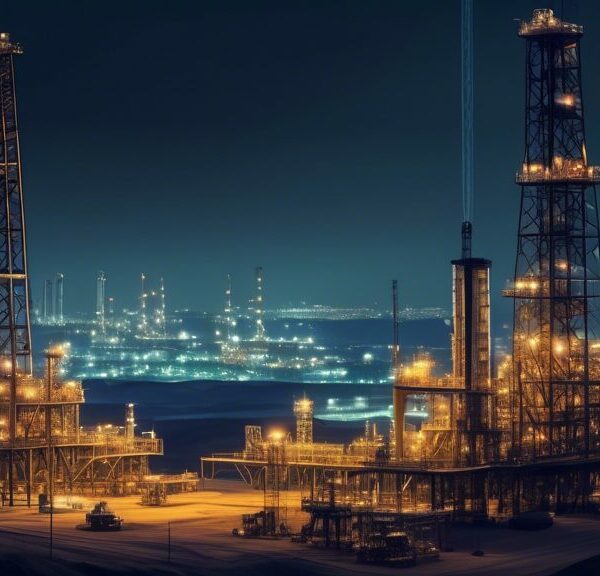 Create an image that depicts the critical role of an oil & gas development company in energy production. Show a modern drilling rig in the foreground, operated by engineers and workers with advanced machinery. In the background, illustrate a pipeline network stretching towards a processing plant and further to a city skyline lit up, representing the end consumer. The scene should have a balanced mix of natural landscape and industrial elements, emphasizing technological innovation and infrastructure.