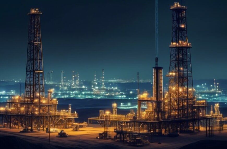 Create an image that depicts the critical role of an oil & gas development company in energy production. Show a modern drilling rig in the foreground, operated by engineers and workers with advanced machinery. In the background, illustrate a pipeline network stretching towards a processing plant and further to a city skyline lit up, representing the end consumer. The scene should have a balanced mix of natural landscape and industrial elements, emphasizing technological innovation and infrastructure.