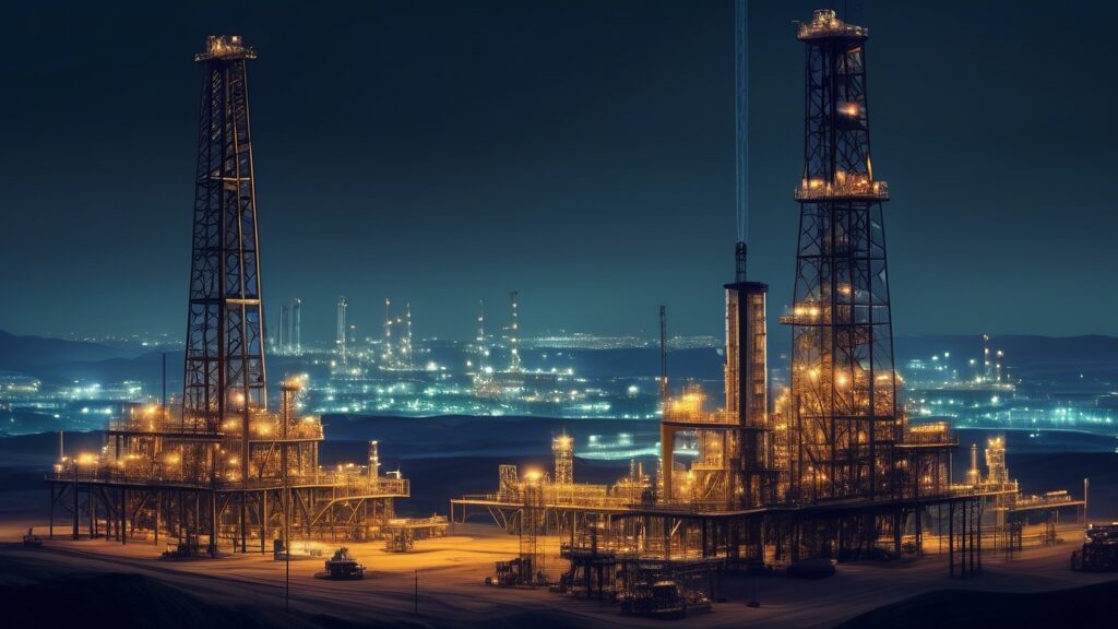 Create an image that depicts the critical role of an oil & gas development company in energy production. Show a modern drilling rig in the foreground, operated by engineers and workers with advanced machinery. In the background, illustrate a pipeline network stretching towards a processing plant and further to a city skyline lit up, representing the end consumer. The scene should have a balanced mix of natural landscape and industrial elements, emphasizing technological innovation and infrastructure.