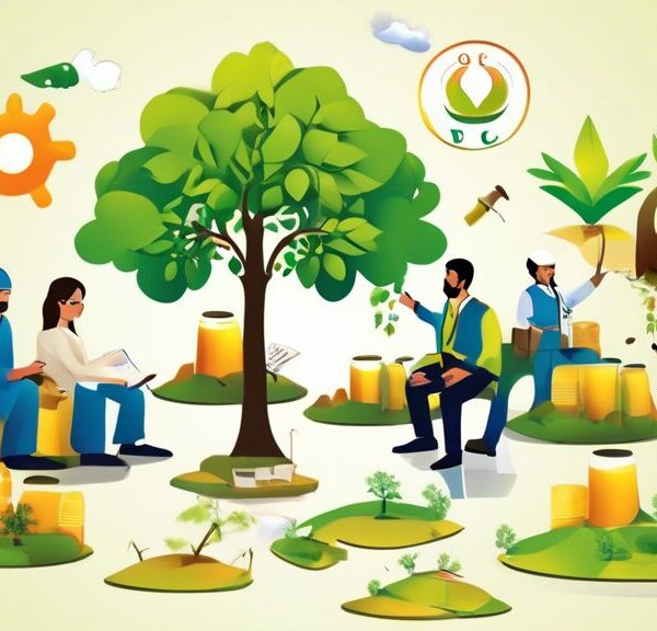 Create an image depicting various Corporate Social Responsibility (CSR) initiatives by the Oil and Gas Development Company Limited (OGDCL). The scene should include diverse activities such as environmental conservation with employees planting trees, educational programs with children in a classroom setting, healthcare services with a medical camp, and community development projects such as building infrastructure. The OGDCL logo should be subtly incorporated into the scene, ensuring that the image portrays a positive and impactful contribution to society by the company.