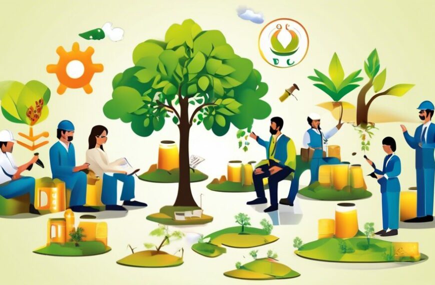 Create an image depicting various Corporate Social Responsibility (CSR) initiatives by the Oil and Gas Development Company Limited (OGDCL). The scene should include diverse activities such as environmental conservation with employees planting trees, educational programs with children in a classroom setting, healthcare services with a medical camp, and community development projects such as building infrastructure. The OGDCL logo should be subtly incorporated into the scene, ensuring that the image portrays a positive and impactful contribution to society by the company.