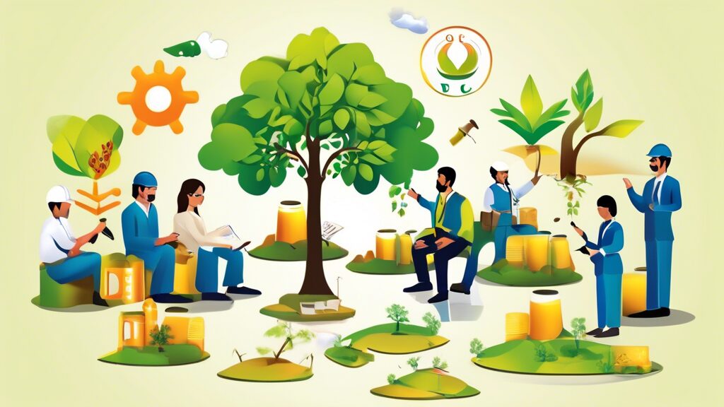 Create an image depicting various Corporate Social Responsibility (CSR) initiatives by the Oil and Gas Development Company Limited (OGDCL). The scene should include diverse activities such as environmental conservation with employees planting trees, educational programs with children in a classroom setting, healthcare services with a medical camp, and community development projects such as building infrastructure. The OGDCL logo should be subtly incorporated into the scene, ensuring that the image portrays a positive and impactful contribution to society by the company.