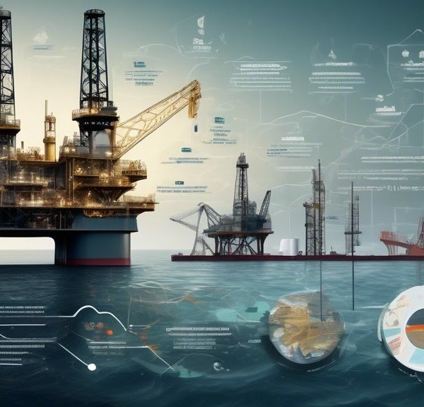 Create an image that visually represents the various components affecting the development cost in the oil and gas industry. Include elements such as drilling rigs, offshore platforms, pipelines, geologists surveying land, financial analysts with charts and graphs, environmental impact assessments, and operational maps. The background should depict a combination of onshore and offshore environments to capture the breadth of the industry.