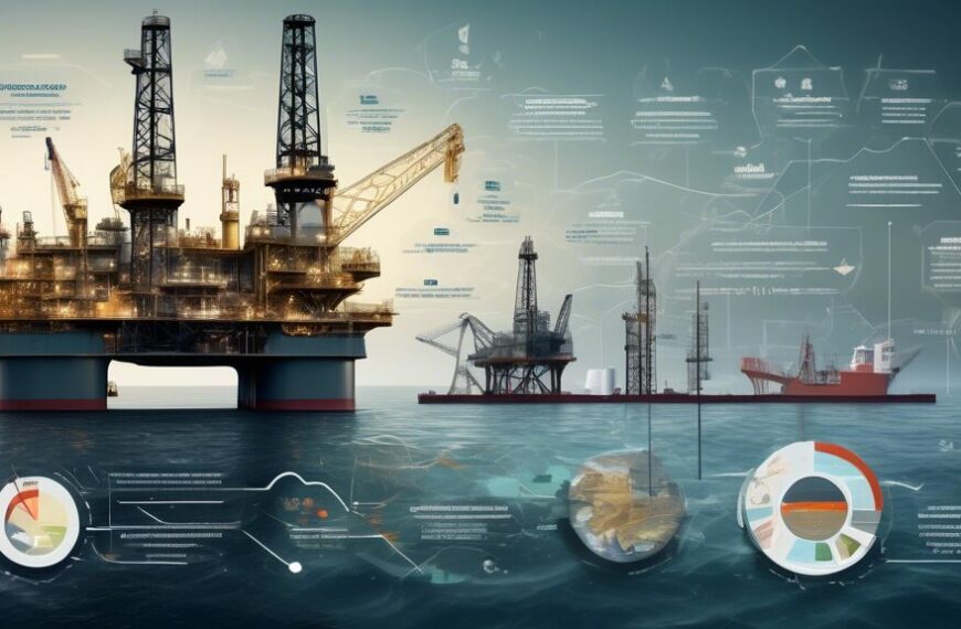 Create an image that visually represents the various components affecting the development cost in the oil and gas industry. Include elements such as drilling rigs, offshore platforms, pipelines, geologists surveying land, financial analysts with charts and graphs, environmental impact assessments, and operational maps. The background should depict a combination of onshore and offshore environments to capture the breadth of the industry.