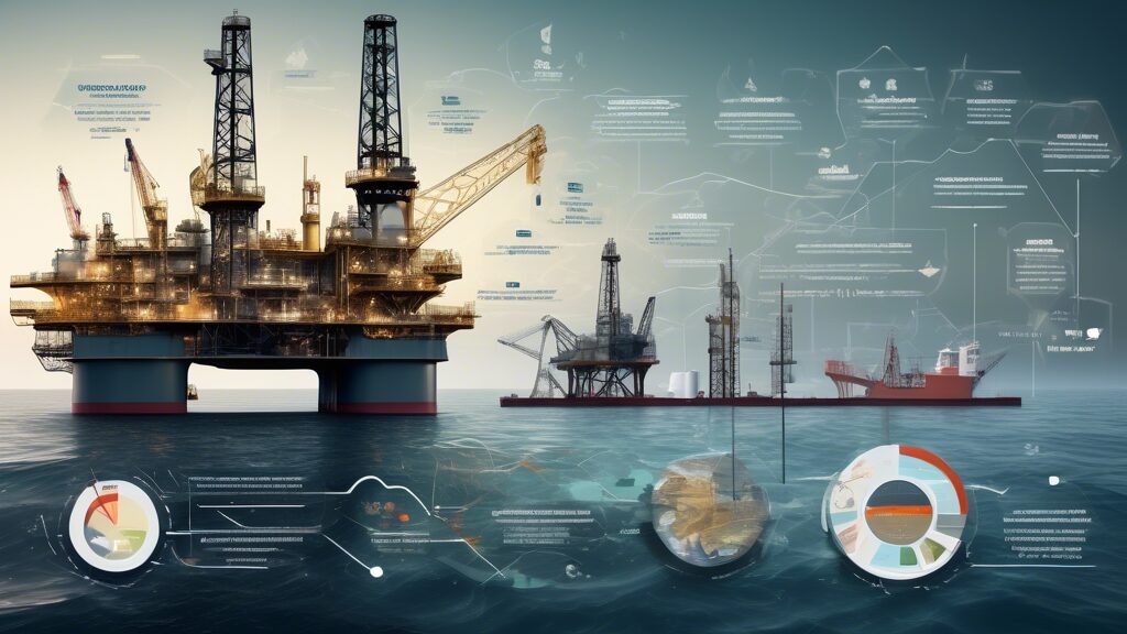 Create an image that visually represents the various components affecting the development cost in the oil and gas industry. Include elements such as drilling rigs, offshore platforms, pipelines, geologists surveying land, financial analysts with charts and graphs, environmental impact assessments, and operational maps. The background should depict a combination of onshore and offshore environments to capture the breadth of the industry.