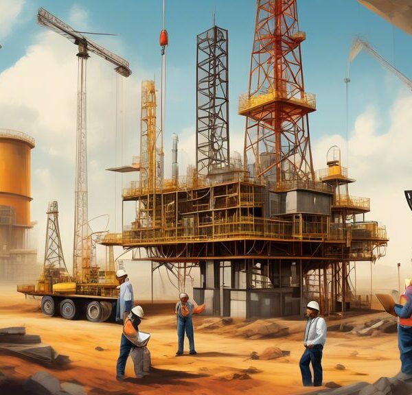 Create an image that depicts the journey of building a successful career with the Oil & Gas Development Company (OGDC). Show diverse professionals in a dynamic work environment, including an office setting with engineers, geologists, and corporate staff engaged in collaborative discussions. Depict oil rigs and geological survey equipment in the background to emphasize the industry. Incorporate elements that represent growth, like ascending graphs or ladders, and add visual cues that denote innovation and opportunities, such as lightbulbs or roadmaps. Highlight a sense of community and mentoring to capture the essence of career development and success within OGDC.