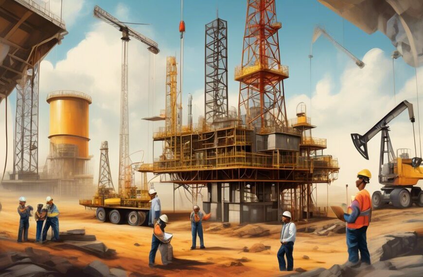 Create an image that depicts the journey of building a successful career with the Oil & Gas Development Company (OGDC). Show diverse professionals in a dynamic work environment, including an office setting with engineers, geologists, and corporate staff engaged in collaborative discussions. Depict oil rigs and geological survey equipment in the background to emphasize the industry. Incorporate elements that represent growth, like ascending graphs or ladders, and add visual cues that denote innovation and opportunities, such as lightbulbs or roadmaps. Highlight a sense of community and mentoring to capture the essence of career development and success within OGDC.