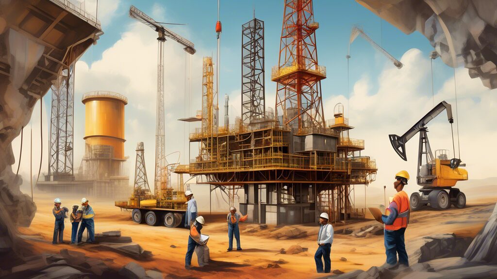 Create an image that depicts the journey of building a successful career with the Oil & Gas Development Company (OGDC). Show diverse professionals in a dynamic work environment, including an office setting with engineers, geologists, and corporate staff engaged in collaborative discussions. Depict oil rigs and geological survey equipment in the background to emphasize the industry. Incorporate elements that represent growth, like ascending graphs or ladders, and add visual cues that denote innovation and opportunities, such as lightbulbs or roadmaps. Highlight a sense of community and mentoring to capture the essence of career development and success within OGDC.