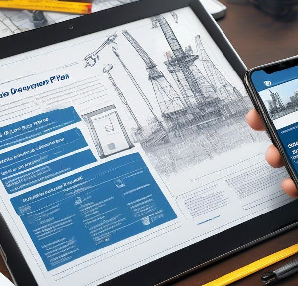 Create an image depicting a detailed scene of an oil and gas exploration site with advanced drilling equipment, engineers examining blueprints, and a prominent sign that says 'Field Development Plan Guide'. Include elements such as oil rigs, safety gear, and a digital interface tablet displaying the cover of a PDF document titled 'Comprehensive Guide to Field Development Plan for Oil and Gas'. Ensure the setting reflects a productive and collaborative environment.