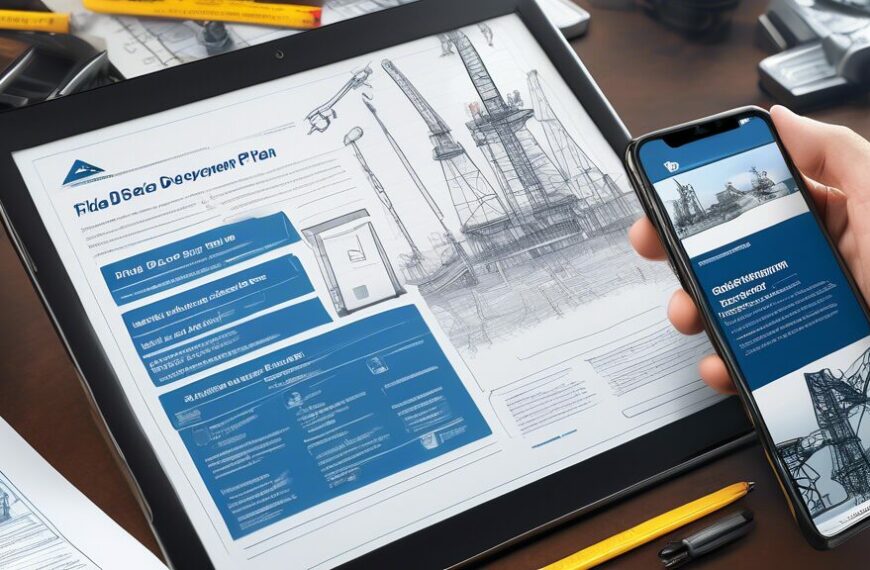 Create an image depicting a detailed scene of an oil and gas exploration site with advanced drilling equipment, engineers examining blueprints, and a prominent sign that says 'Field Development Plan Guide'. Include elements such as oil rigs, safety gear, and a digital interface tablet displaying the cover of a PDF document titled 'Comprehensive Guide to Field Development Plan for Oil and Gas'. Ensure the setting reflects a productive and collaborative environment.