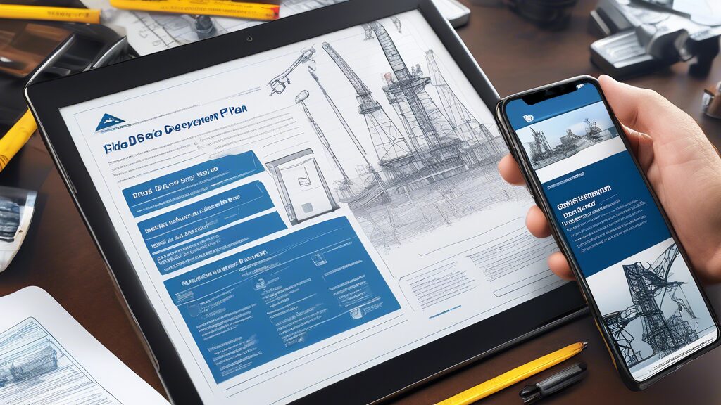 Create an image depicting a detailed scene of an oil and gas exploration site with advanced drilling equipment, engineers examining blueprints, and a prominent sign that says 'Field Development Plan Guide'. Include elements such as oil rigs, safety gear, and a digital interface tablet displaying the cover of a PDF document titled 'Comprehensive Guide to Field Development Plan for Oil and Gas'. Ensure the setting reflects a productive and collaborative environment.