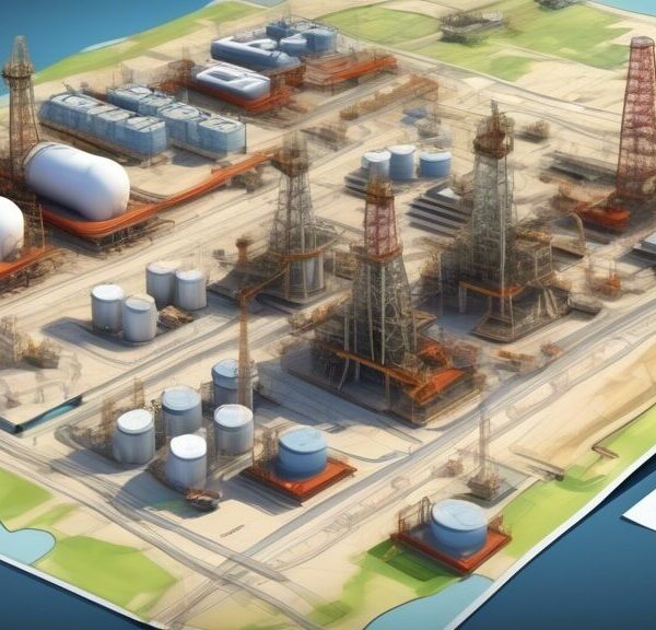 Create a detailed and visually engaging illustration of an oil and gas field development plan. Show various key components such as drilling rigs, pipelines, storage tanks, and control systems. Include technical elements like geological layers and resource distribution maps. Highlight the planning and coordination among engineers, surveyors, and project managers in a modern office setting with blueprints and digital screens displaying data.