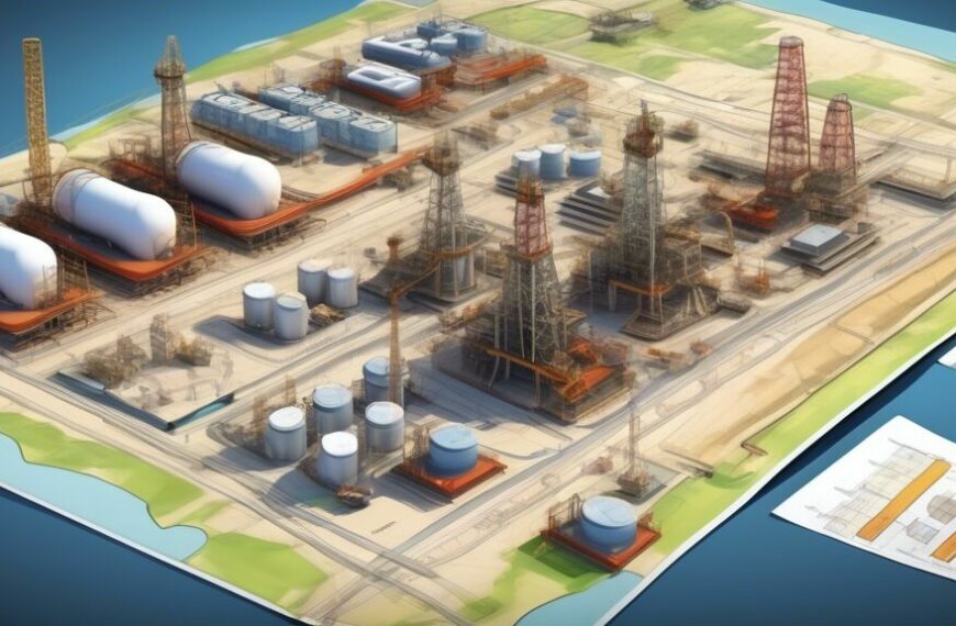 Create a detailed and visually engaging illustration of an oil and gas field development plan. Show various key components such as drilling rigs, pipelines, storage tanks, and control systems. Include technical elements like geological layers and resource distribution maps. Highlight the planning and coordination among engineers, surveyors, and project managers in a modern office setting with blueprints and digital screens displaying data.