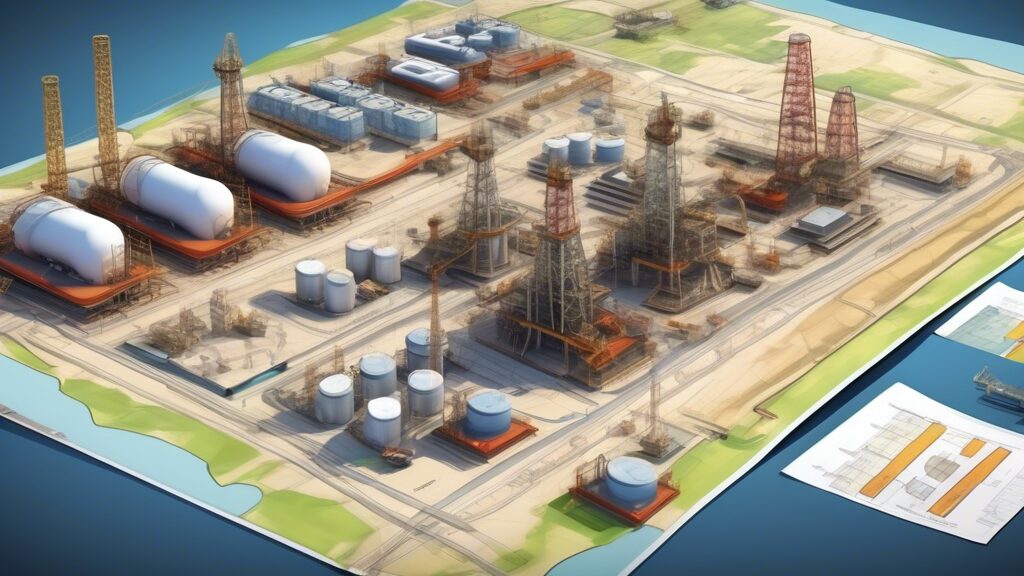 Create a detailed and visually engaging illustration of an oil and gas field development plan. Show various key components such as drilling rigs, pipelines, storage tanks, and control systems. Include technical elements like geological layers and resource distribution maps. Highlight the planning and coordination among engineers, surveyors, and project managers in a modern office setting with blueprints and digital screens displaying data.