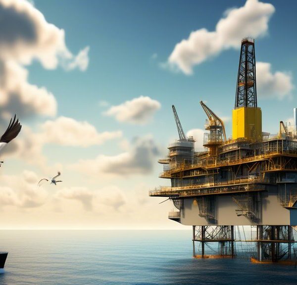 Create an image that features a bustling oil drilling platform in a vibrant, sunny offshore environment. Include prominent Eland Oil & Gas PLC branding on the equipment and worker uniforms. Surround the platform with a calm sea, and in the background, show a modern support ship. The sky is clear, with a few fluffy clouds, and seagulls are flying around, emphasizing a busy yet serene working atmosphere.