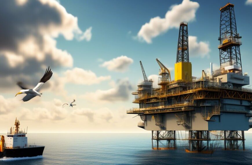 Create an image that features a bustling oil drilling platform in a vibrant, sunny offshore environment. Include prominent Eland Oil & Gas PLC branding on the equipment and worker uniforms. Surround the platform with a calm sea, and in the background, show a modern support ship. The sky is clear, with a few fluffy clouds, and seagulls are flying around, emphasizing a busy yet serene working atmosphere.