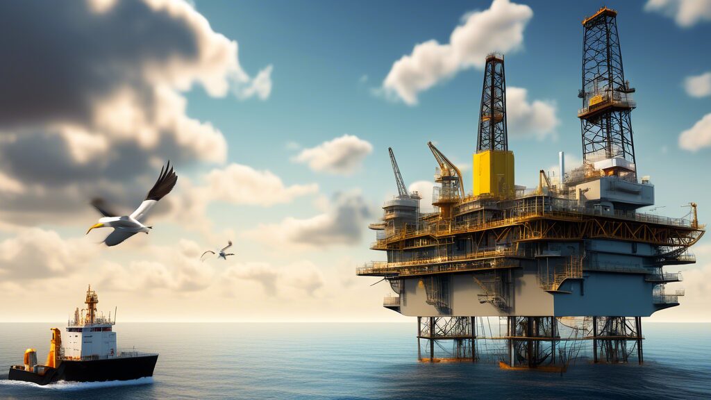 Create an image that features a bustling oil drilling platform in a vibrant, sunny offshore environment. Include prominent Eland Oil & Gas PLC branding on the equipment and worker uniforms. Surround the platform with a calm sea, and in the background, show a modern support ship. The sky is clear, with a few fluffy clouds, and seagulls are flying around, emphasizing a busy yet serene working atmosphere.