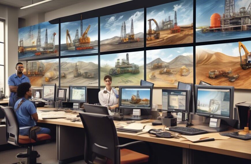 Create an image that showcases a variety of job opportunities at the Oil and Gas Development Company (OGDC). The scene should include a diverse group of professionals such as engineers, geologists, and technicians, working in a modern office setting adorned with OGDC branding. In the background, depict elements like oil rigs, drilling stations, and geological maps to emphasize the industry's focus. Add a banner that reads Exciting Career Opportunities at OGDC to tie it all together.