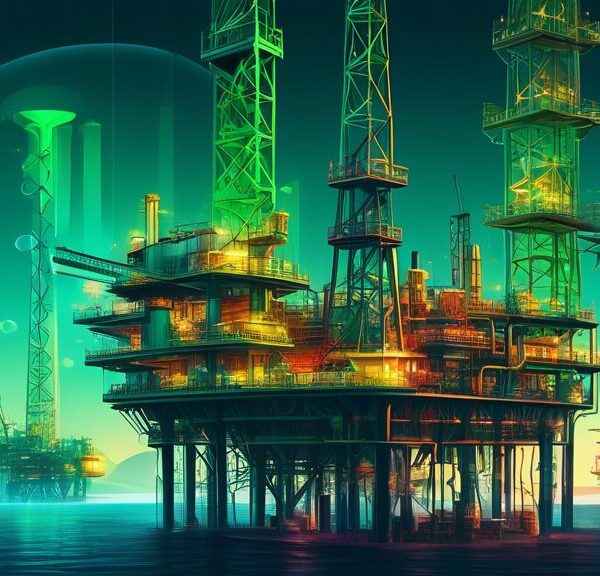 Create a futuristic landscape depicting the development of the oil and gas industry, featuring advanced drilling rigs, automated pipelines, and green technology integration. Include both offshore and onshore environments with a focus on sustainability and digital innovation.