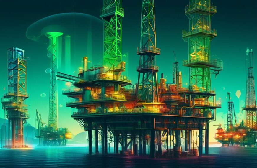 Create a futuristic landscape depicting the development of the oil and gas industry, featuring advanced drilling rigs, automated pipelines, and green technology integration. Include both offshore and onshore environments with a focus on sustainability and digital innovation.