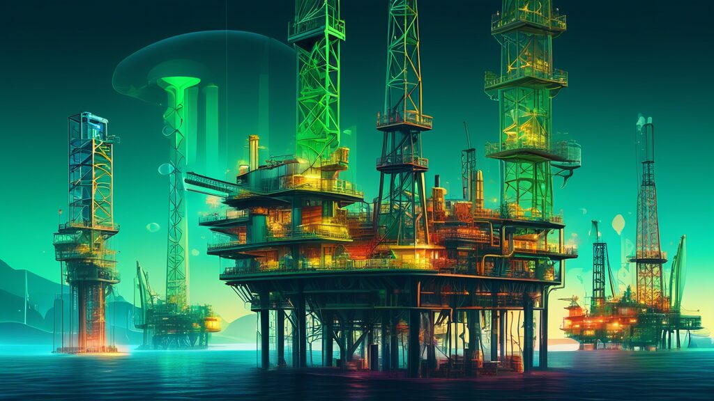 Create a futuristic landscape depicting the development of the oil and gas industry, featuring advanced drilling rigs, automated pipelines, and green technology integration. Include both offshore and onshore environments with a focus on sustainability and digital innovation.