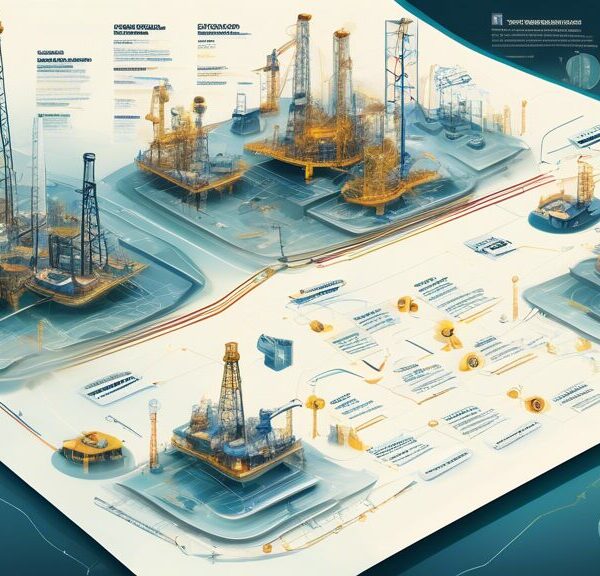 Create a detailed and dynamic illustration depicting the growth of Oil & Gas Development Company Limited over time. Show different phases including early exploration, oil rigs and drilling operations, advanced technological platforms, and modern sustainable energy initiatives. Incorporate elements of financial growth such as graphs and charts in the background. Highlight the company’s progression and innovation through a timeline format, blending a historical and futuristic aesthetic.