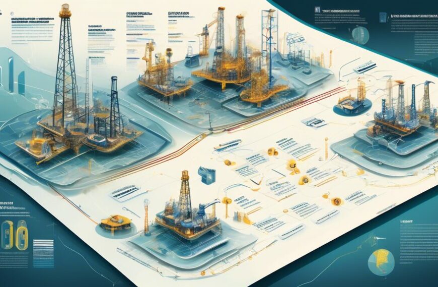 Create a detailed and dynamic illustration depicting the growth of Oil & Gas Development Company Limited over time. Show different phases including early exploration, oil rigs and drilling operations, advanced technological platforms, and modern sustainable energy initiatives. Incorporate elements of financial growth such as graphs and charts in the background. Highlight the company’s progression and innovation through a timeline format, blending a historical and futuristic aesthetic.