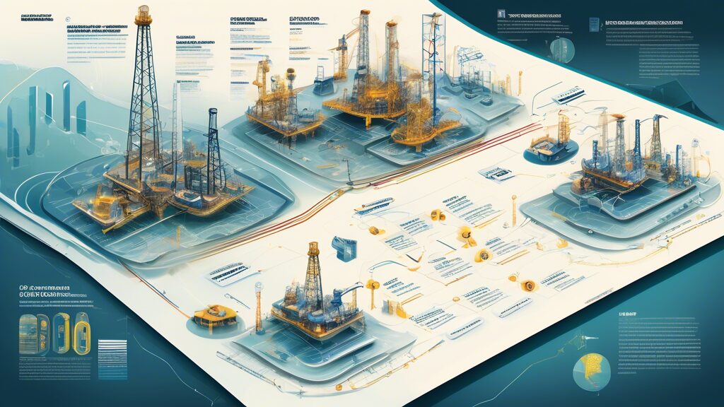 Create a detailed and dynamic illustration depicting the growth of Oil & Gas Development Company Limited over time. Show different phases including early exploration, oil rigs and drilling operations, advanced technological platforms, and modern sustainable energy initiatives. Incorporate elements of financial growth such as graphs and charts in the background. Highlight the company’s progression and innovation through a timeline format, blending a historical and futuristic aesthetic.