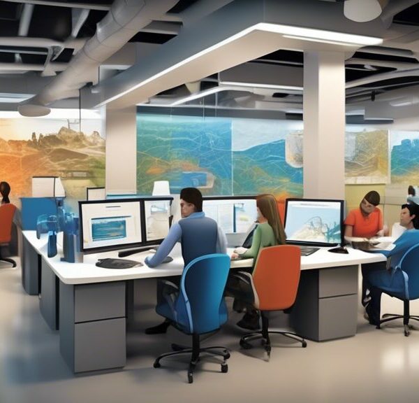 Create an image that depicts a dynamic and vibrant scene at OGDCL Com headquarters. Show a modern office environment with employees collaborating on projects, state-of-the-art technology, and a bustling career fair showcasing various job opportunities. Include elements that highlight the oil and gas industry, such as drilling equipment, geological maps, and safety gear, all seamlessly integrated into the corporate setting. Add a touch of creativity by featuring a large digital screen displaying OGDCL Com's achievements and community initiatives.