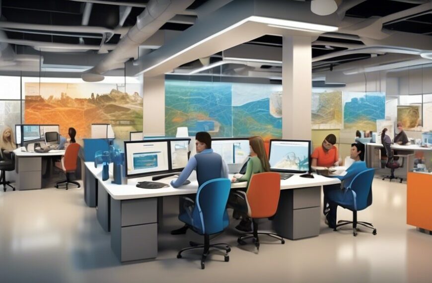 Create an image that depicts a dynamic and vibrant scene at OGDCL Com headquarters. Show a modern office environment with employees collaborating on projects, state-of-the-art technology, and a bustling career fair showcasing various job opportunities. Include elements that highlight the oil and gas industry, such as drilling equipment, geological maps, and safety gear, all seamlessly integrated into the corporate setting. Add a touch of creativity by featuring a large digital screen displaying OGDCL Com's achievements and community initiatives.