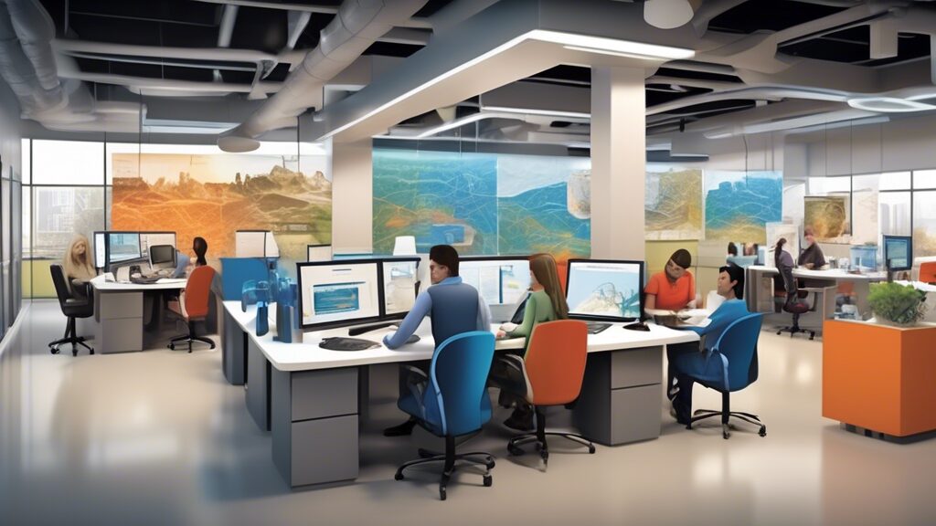 Create an image that depicts a dynamic and vibrant scene at OGDCL Com headquarters. Show a modern office environment with employees collaborating on projects, state-of-the-art technology, and a bustling career fair showcasing various job opportunities. Include elements that highlight the oil and gas industry, such as drilling equipment, geological maps, and safety gear, all seamlessly integrated into the corporate setting. Add a touch of creativity by featuring a large digital screen displaying OGDCL Com's achievements and community initiatives.