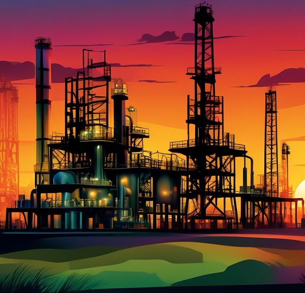 Create an image of a modern, bustling oil and gas facility with sleek, advanced equipment and infrastructure. Include the Hillwood Oil and Gas logo prominently displayed. Add a backdrop of a beautiful sunset to signify the success and bright future of the company, with workers in safety gear showcasing teamwork and efficiency.