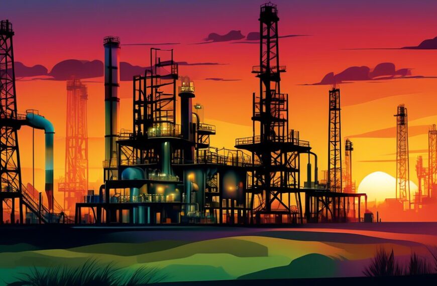 Create an image of a modern, bustling oil and gas facility with sleek, advanced equipment and infrastructure. Include the Hillwood Oil and Gas logo prominently displayed. Add a backdrop of a beautiful sunset to signify the success and bright future of the company, with workers in safety gear showcasing teamwork and efficiency.