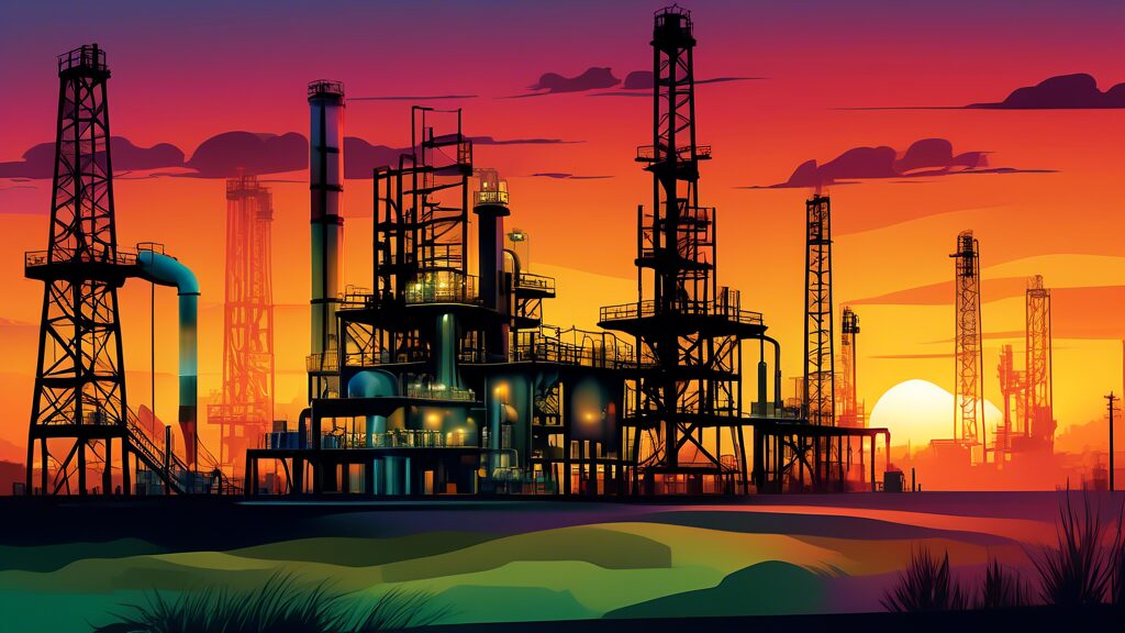 Create an image of a modern, bustling oil and gas facility with sleek, advanced equipment and infrastructure. Include the Hillwood Oil and Gas logo prominently displayed. Add a backdrop of a beautiful sunset to signify the success and bright future of the company, with workers in safety gear showcasing teamwork and efficiency.