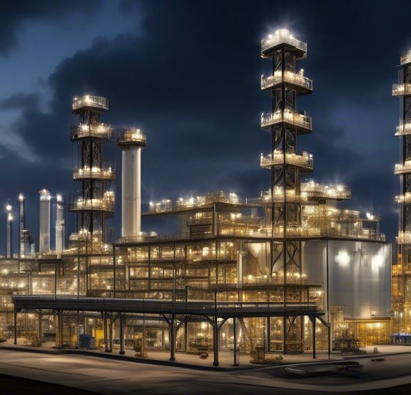 Create an image of a state-of-the-art oil and gas facility with towering oil rigs and advanced machinery, set against a backdrop of a sprawling industrial complex. Include a modern office building with the OGDC logo prominently displayed. Workers equipped with safety gear should be seen actively engaged in various operations, highlighting the efficiency and success of the company. The overall atmosphere should convey innovation, prosperity, and robust industrial activity.