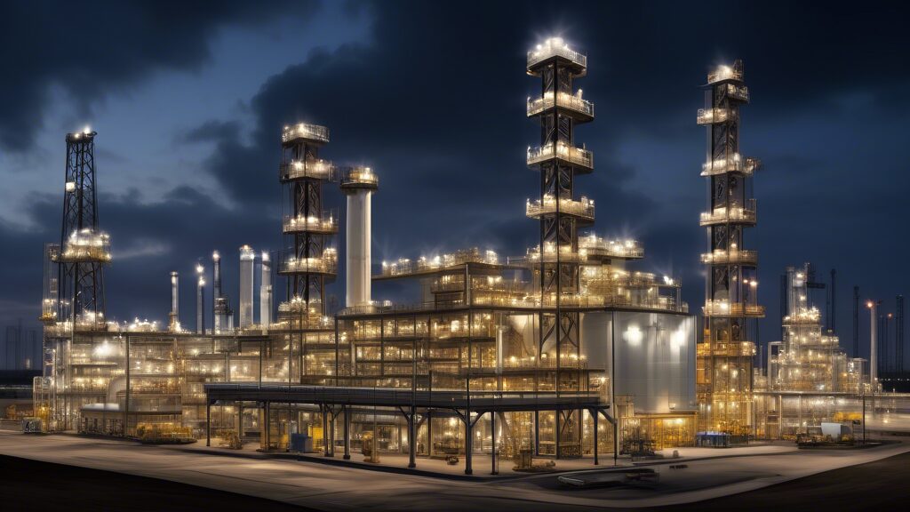 Create an image of a state-of-the-art oil and gas facility with towering oil rigs and advanced machinery, set against a backdrop of a sprawling industrial complex. Include a modern office building with the OGDC logo prominently displayed. Workers equipped with safety gear should be seen actively engaged in various operations, highlighting the efficiency and success of the company. The overall atmosphere should convey innovation, prosperity, and robust industrial activity.