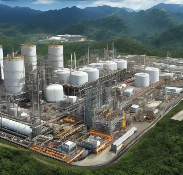 Create an image depicting the expansion of ExxonMobil's PNG LNG project. Show advanced liquefied natural gas facilities set against the lush landscape of Papua New Guinea, highlighting modern engineering and technology. Include visuals of pipelines, storage tanks, and infrastructure, along with workers in protective gear actively engaged in the operations. The scene should convey innovation and progress in the energy industry.